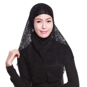 OhMill Womens Muslim Lace Hijab Lightweight 2 piece Hijabs Head Wrap Outer Scarf Inner Cap Islamic Turban Scarf Shawl (Black)