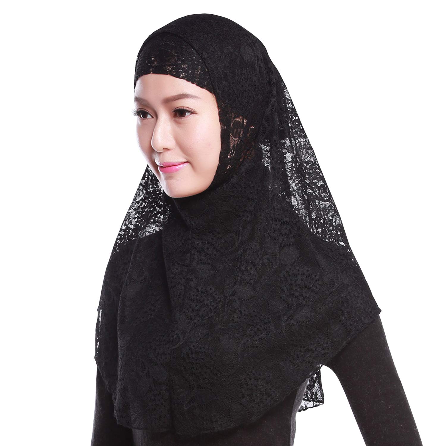 OhMill Womens Muslim Lace Hijab Lightweight 2 piece Hijabs Head Wrap Outer Scarf Inner Cap Islamic Turban Scarf Shawl (Black)