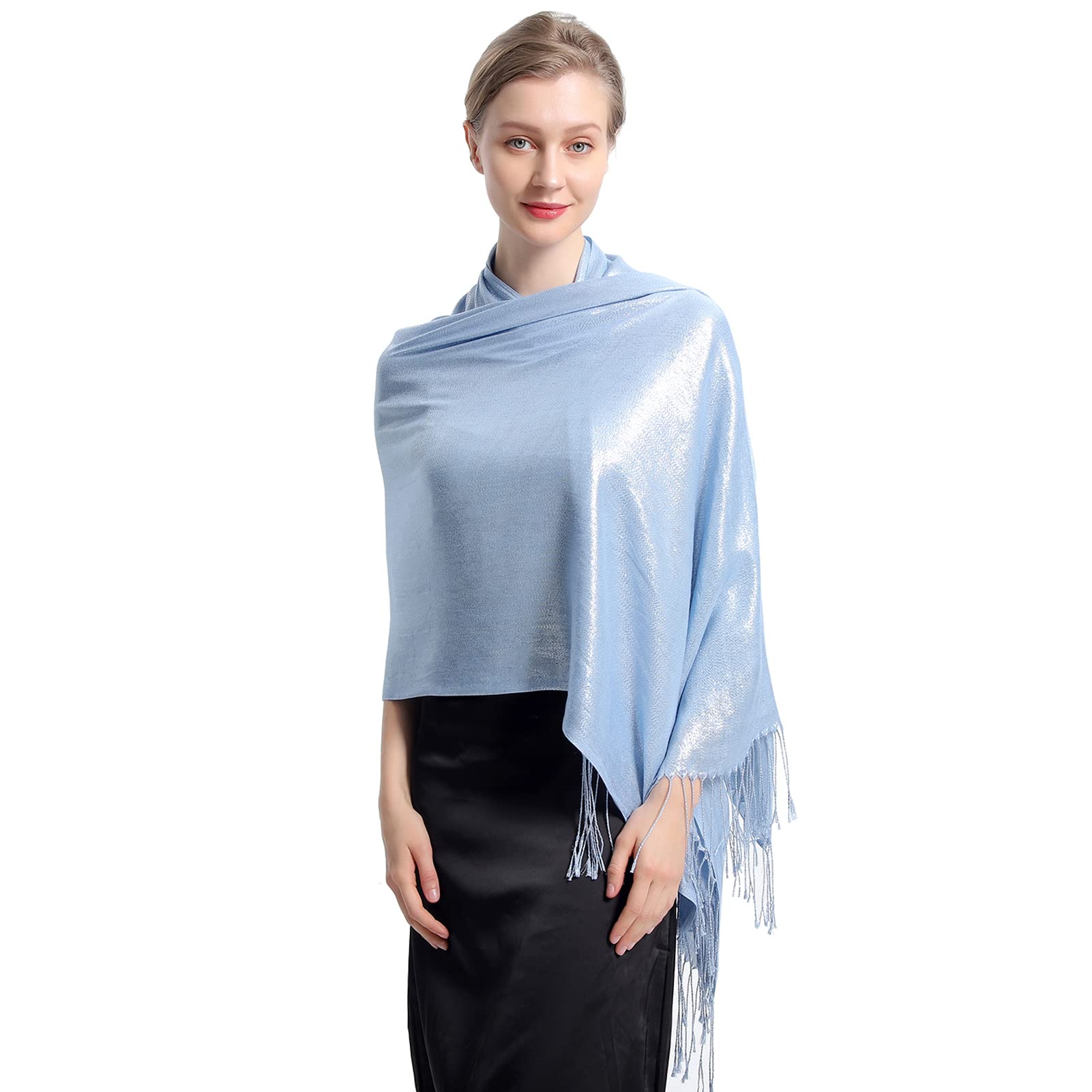 Evening Wraps and Shawls,RonFoxi Light Blue Glittering Metallic Pashmina and Scarf for Women Formal Evening Parties (Light Blue)