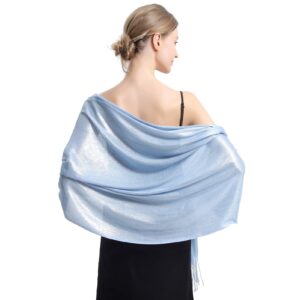 Evening Wraps and Shawls,RonFoxi Light Blue Glittering Metallic Pashmina and Scarf for Women Formal Evening Parties (Light Blue)