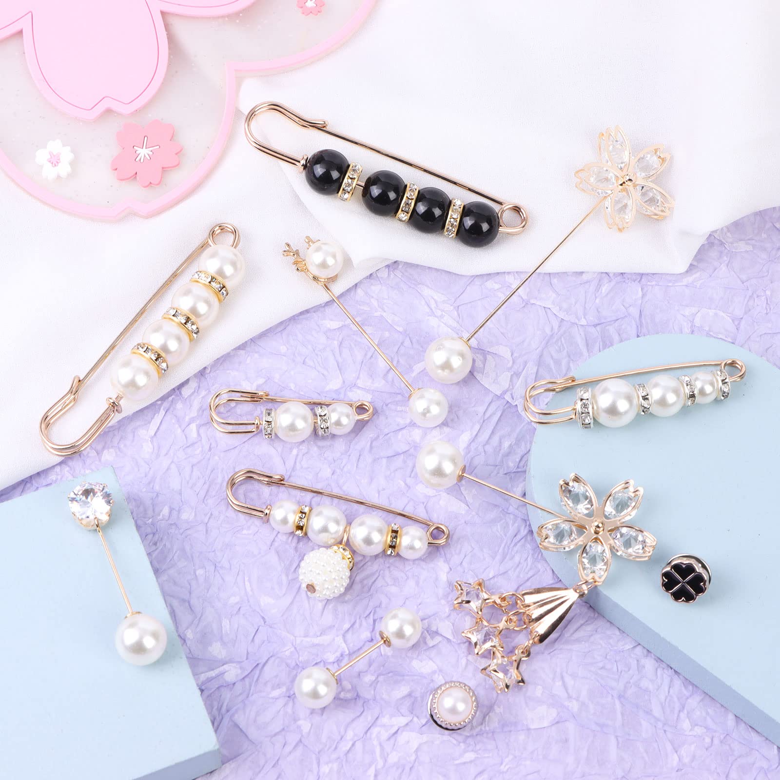 12 Pieces Pearl Scarf Brooch Pin Assorted Muslim Scarf Hijab Clips Small Brooch Set Metal Clips for Headscarf Shawl Muslim Women Scarves Hijab Safety Shawl Brooch Pins for Women Men Kids