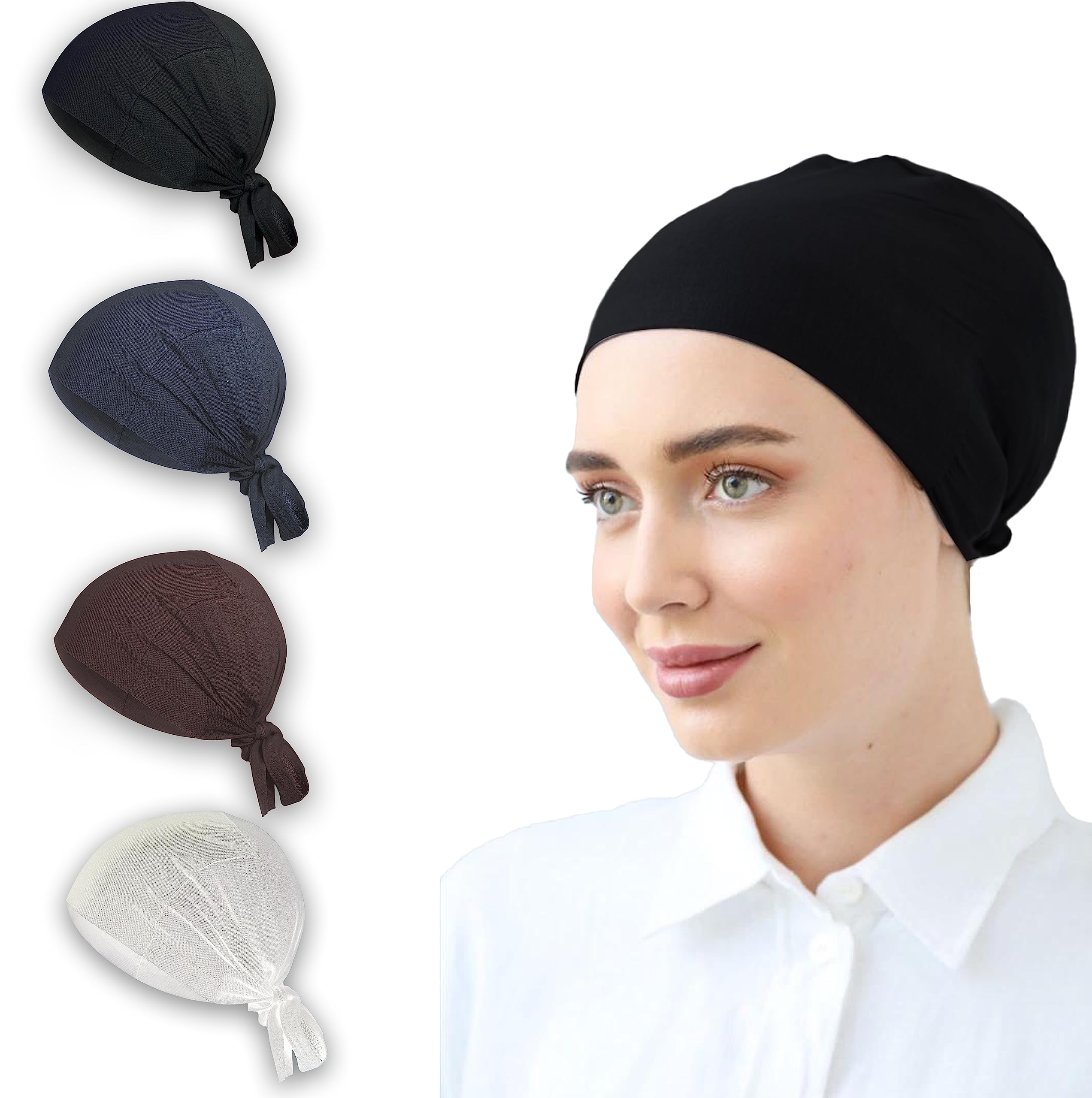 ESERRA Women Under Scarf Hat Hijab Cap Islamic Hijab Undercap Hijab Bonnet Cap Muslim Inner Beanies Hat Underscarf Turban (Black White Brown Gray)