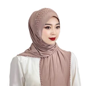 Woeoe Women Rhinestone Pearl Muslim Head Wrap Plain Color Crystal Muslim Hijab Cap Lightweight One Piece Breathable Head Scarf