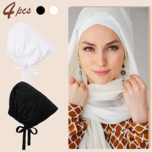 JenPen womens 4 Pcs Hijab Scarves Undercap Tie Adjustable Islamic Muslim, Black, White, Medium