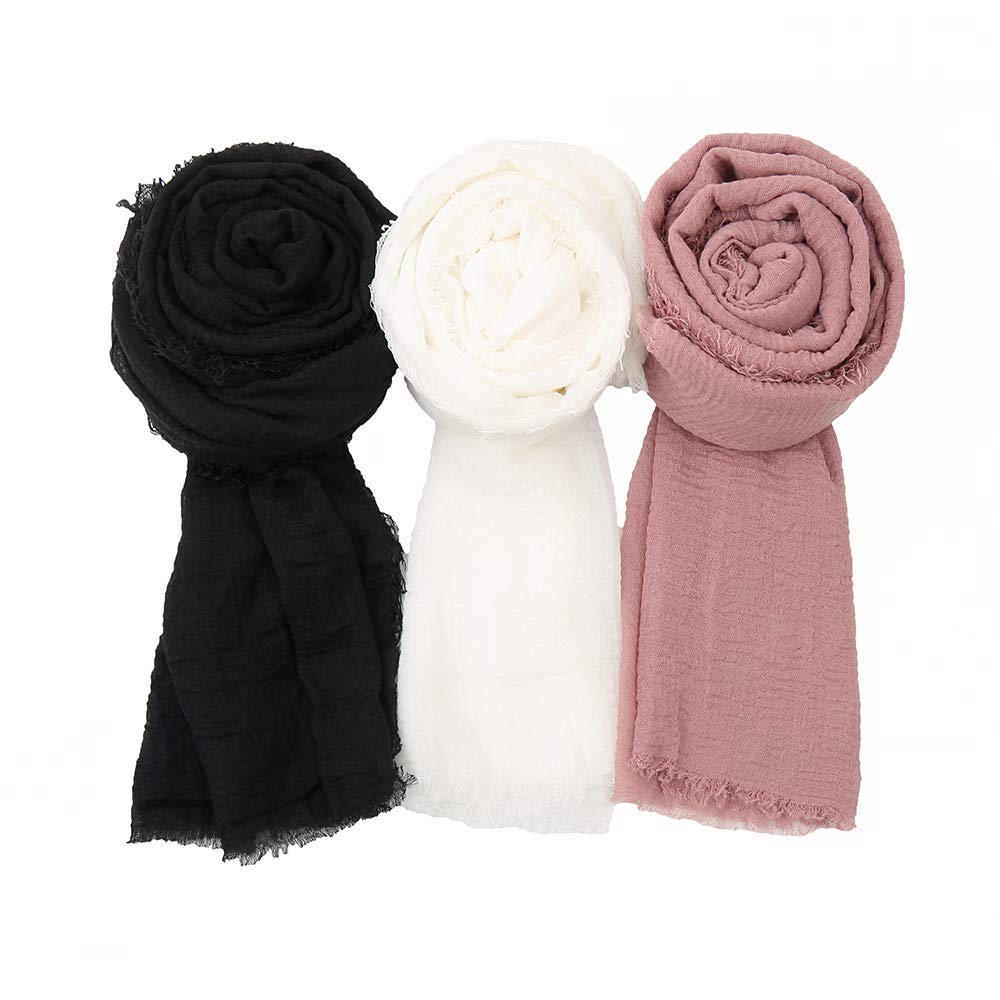 EVQ Soft Cotton Hemp Scarf Wrap Long Hijab Scarves for Women (3pcs Black+White+Skin Pink(70.9"x35.5"))…