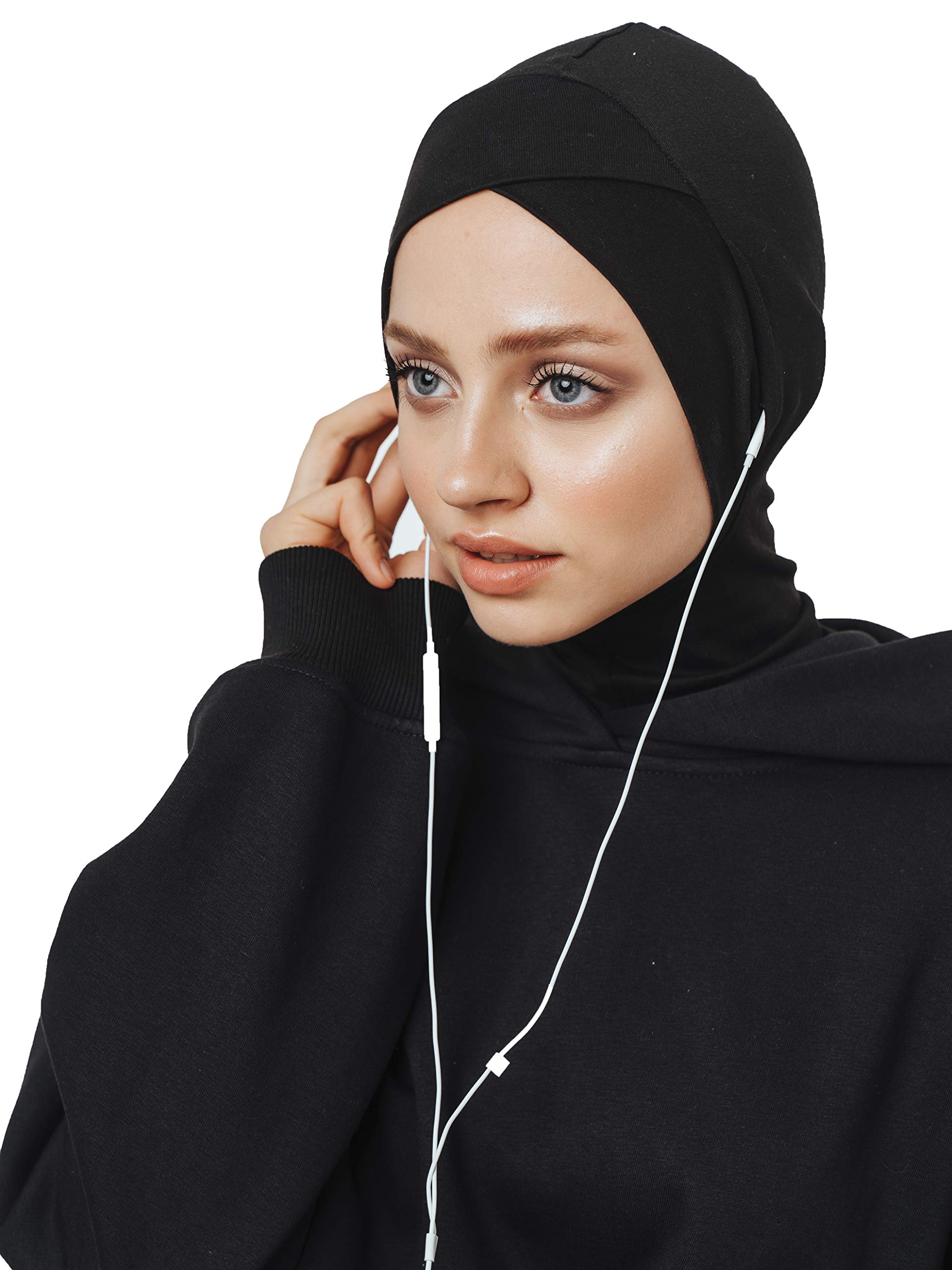 VeilWear Instant Hijab for Headphones and Glasses, Sport Head Scarf, Ready to wear Muslim Accessories for Women (Black)