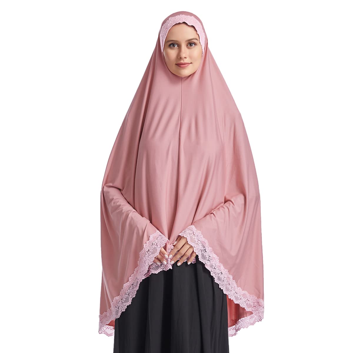 Women's Elegant Hijab Lace Trim Middle Eastern Islamic Jilbab Prayer Veils Headcover Headscarf Pink M