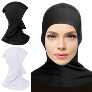 2 Pieces Modal Hijab Cap Adjustable Muslim Stretchy Turban Full Cover Shawl Cap Full Neck Coverage for Lady (White, Black)