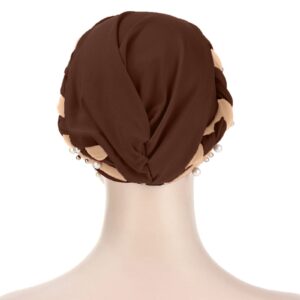 FRAKYEN Turbans Non Slip Hijab Undercap Underscarf Sleeping Hat Women Muslim Milk Silk Two- Nail Beads Braid Turban Hat Coffee