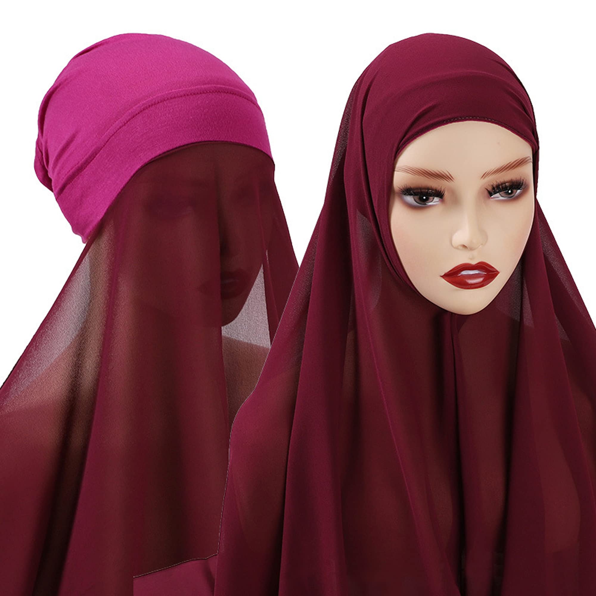 MOWEN Bubble Chiffon Scarf with Underscarf Cap for Women Hijab Muslim Lightweight 27"X70"（Rose Red）