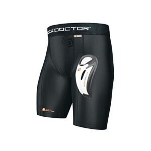 shock doctor compression shorts with protective bio-flex cup, moisture wicking vented protection, youth & adult sizes black