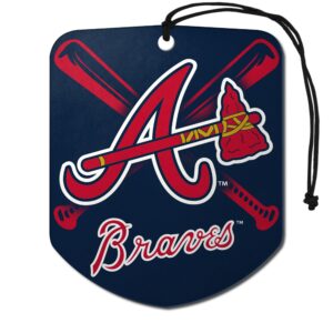 fanmats 61542 mlb atlanta braves hanging car air freshener, 2 pack, black ice scent, odor eliminator, shield design with team logo