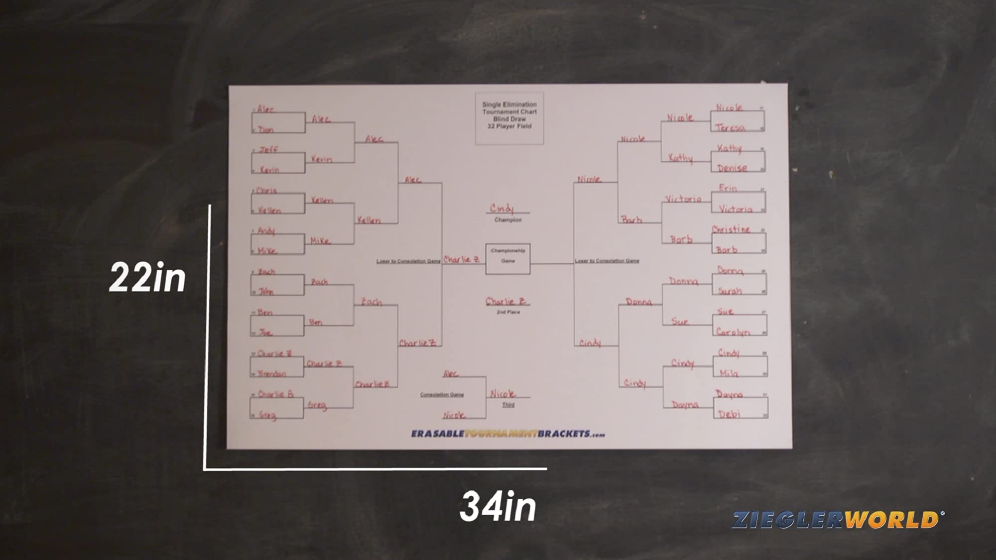 32 Team Erasable Blind Draw Single Elimination Tournament Bracket Chart + Erasable Pen