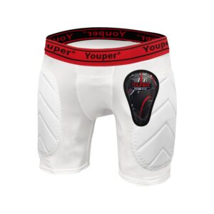 youper boys youth padded sliding shorts with soft protective athletic cup for baseball, football, lacrosse (white red, large)