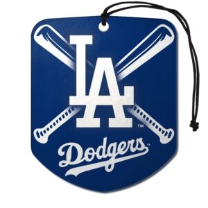 fanmats 61549 mlb los angeles dodgers hanging car air freshener, 2 pack, black ice scent, odor eliminator, shield design with team logo