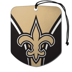 fanmats 61578 nfl new orleans saints hanging car air freshener, 2 pack, black ice scent, odor eliminator, shield design with team logo