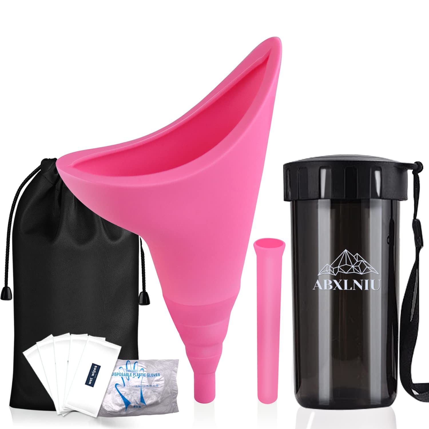 ABXLNIU Female Urination Device with Pee Cup, Travel Essentials Female Urinal for Women, Reusable Womens Pee Funnel Camping/Hiking Gear Gifts for Women, Pink