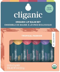 cliganic organic lip balm set - 6 tropical flavors - 100% natural moisturizer for cracked & dry lips (packaging may vary)