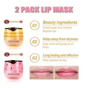 2PCS Bee Lip Balm Honey Pot & Strawberry Vitamin E Lip Sleep Masks Hydrating Prevention Dry and Cracked Lip Scrubs Exfoliator, Reduces Lip Lines，Lip Exfoliating Balm Sleeping Lip Mask