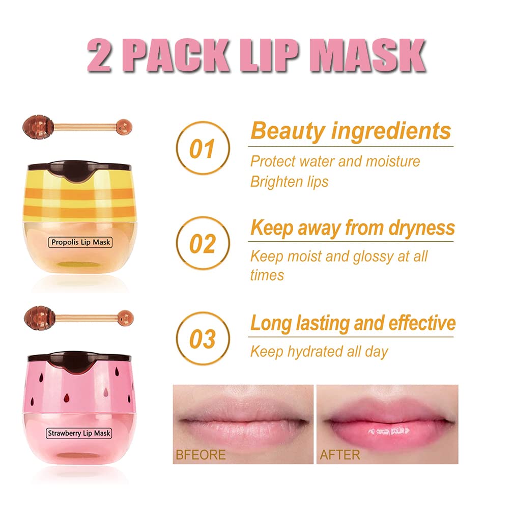 2PCS Bee Lip Balm Honey Pot & Strawberry Vitamin E Lip Sleep Masks Hydrating Prevention Dry and Cracked Lip Scrubs Exfoliator, Reduces Lip Lines，Lip Exfoliating Balm Sleeping Lip Mask