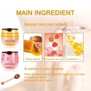 2PCS Bee Lip Balm Honey Pot & Strawberry Vitamin E Lip Sleep Masks Hydrating Prevention Dry and Cracked Lip Scrubs Exfoliator, Reduces Lip Lines，Lip Exfoliating Balm Sleeping Lip Mask