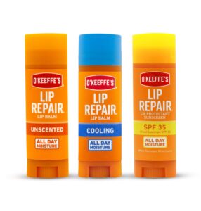 o'keeffe's lip repair lip balm for dry, cracked lips, stick, (pack of 3: 1 cooling + 1 unscented + 1 spf)