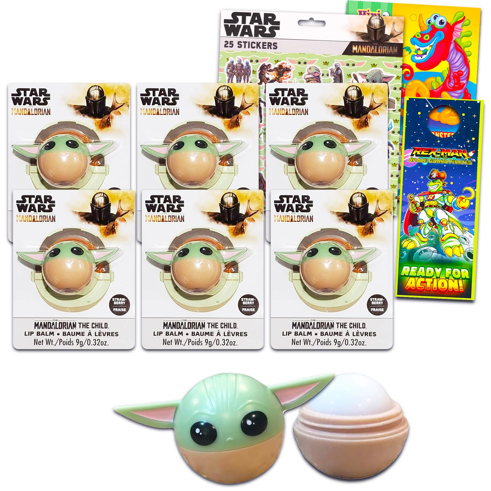 Star Wars Baby Yoda Lip Balm - Bundle with 6 Baby Yoda Shaped Lip Balms in Strawberry Flavor for Party Favors Plus Mandalorian Stickers | Star Wars Lip Balm for Girls