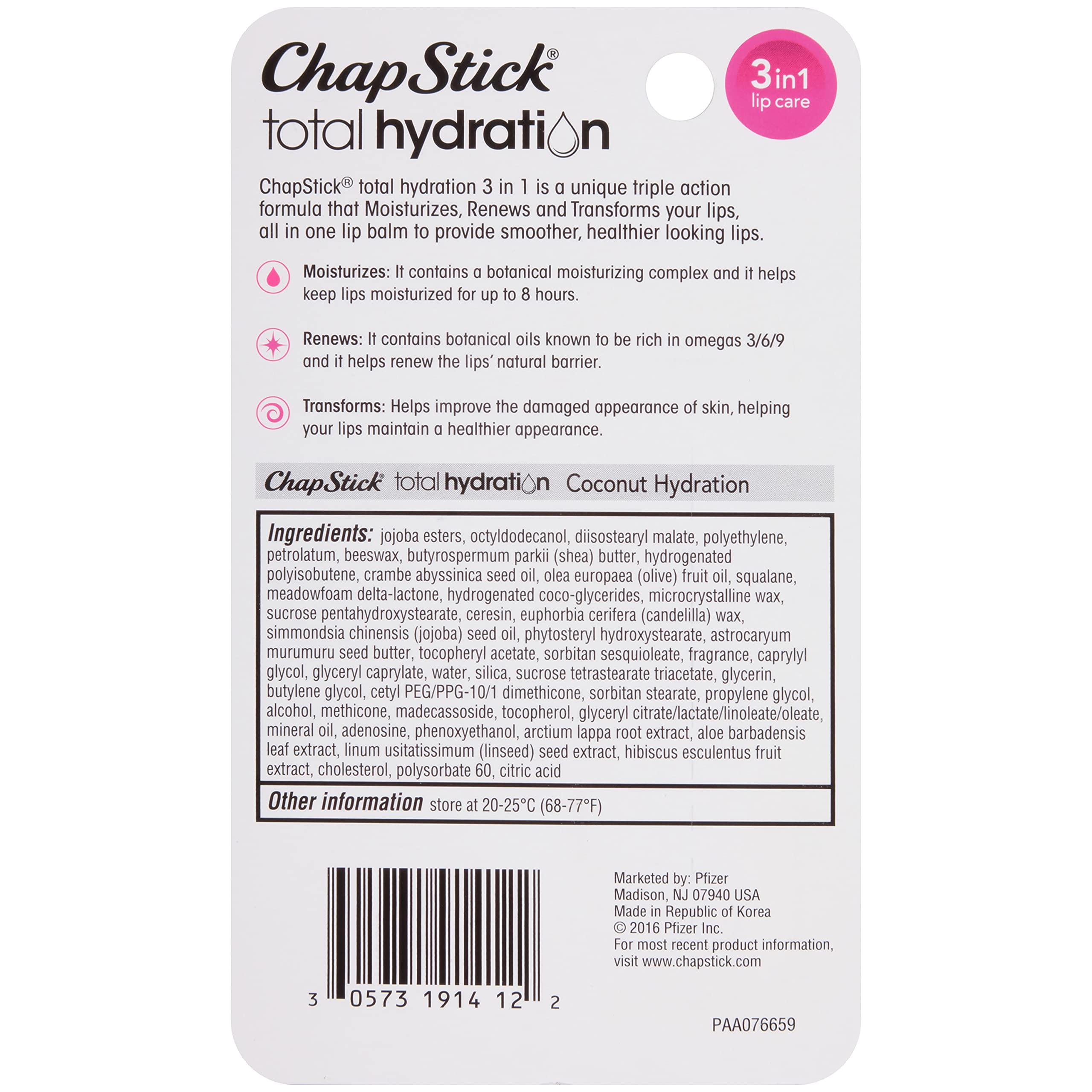 ChapStick Total Hydration Coconut Lip Balm Tube, Hydrating Coconut ChapStick for Lip Care - 0.12 Oz