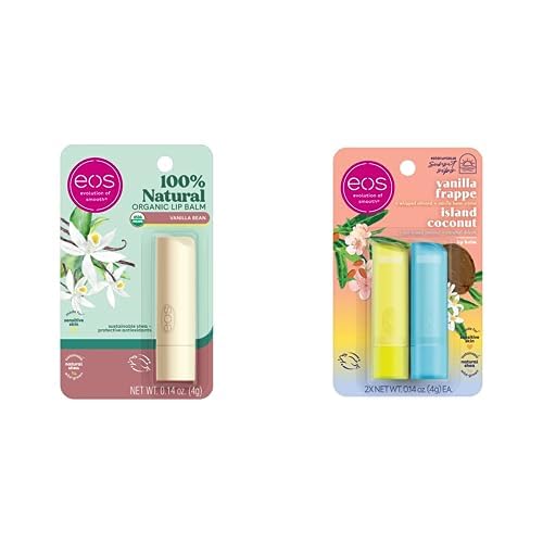 Bundle of eos 100% Natural & Organic Vanilla Bean Lip Balm Stick + eos Sunset Sips Lip Balms- Island Coconut & Vanilla Frappe, All-Day Moisture, Lip Care