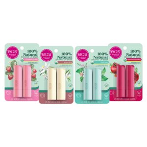 eos twinning lip balm bundle- includes strawberry sorbet, vanilla bean, coconut milk & sweet mint flavors, 2-pack sticks, 8 lip balms total