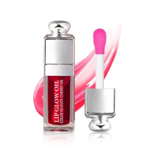 hydrating lip glow oil, lip oil gloss transparent toot tinted nourishing long lasting repairing lightening lip lines (cherry) 0.2 oz