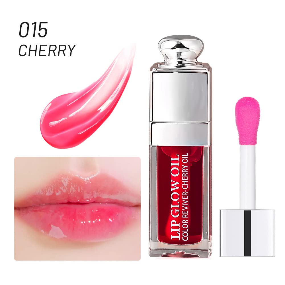 Hydrating Lip Glow Oil, Lip Oil Gloss Transparent Toot Tinted Nourishing Long Lasting Repairing Lightening Lip Lines (CHERRY) 0.2 OZ