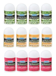 lip naturals® | assorted mini lip balm with sunscreen (spf-15) | made in usa | 12-count pack with bing cherry, tea tree mint, and vanilla bean flavors (0.10oz/3g each)
