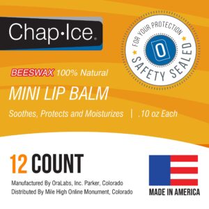 Chap-Ice® | 12-Count Mini Beeswax Peppermint Lip Balm | Lip Balm Pack Fortified with Coconut Oil for Dry, Cracked Lips | Made in USA | 12-Count Mini Lip Balm with Peppermint Flavor (0.10oz/3g Each)