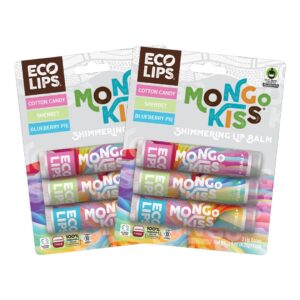 mongo kiss shimmering lip balms (6 tubes, 2 packs) by eco lips 100% natural lip balms featuring organic mongongo oil, cotton candy, sherbet and blueberry pie flavors - made in usa.