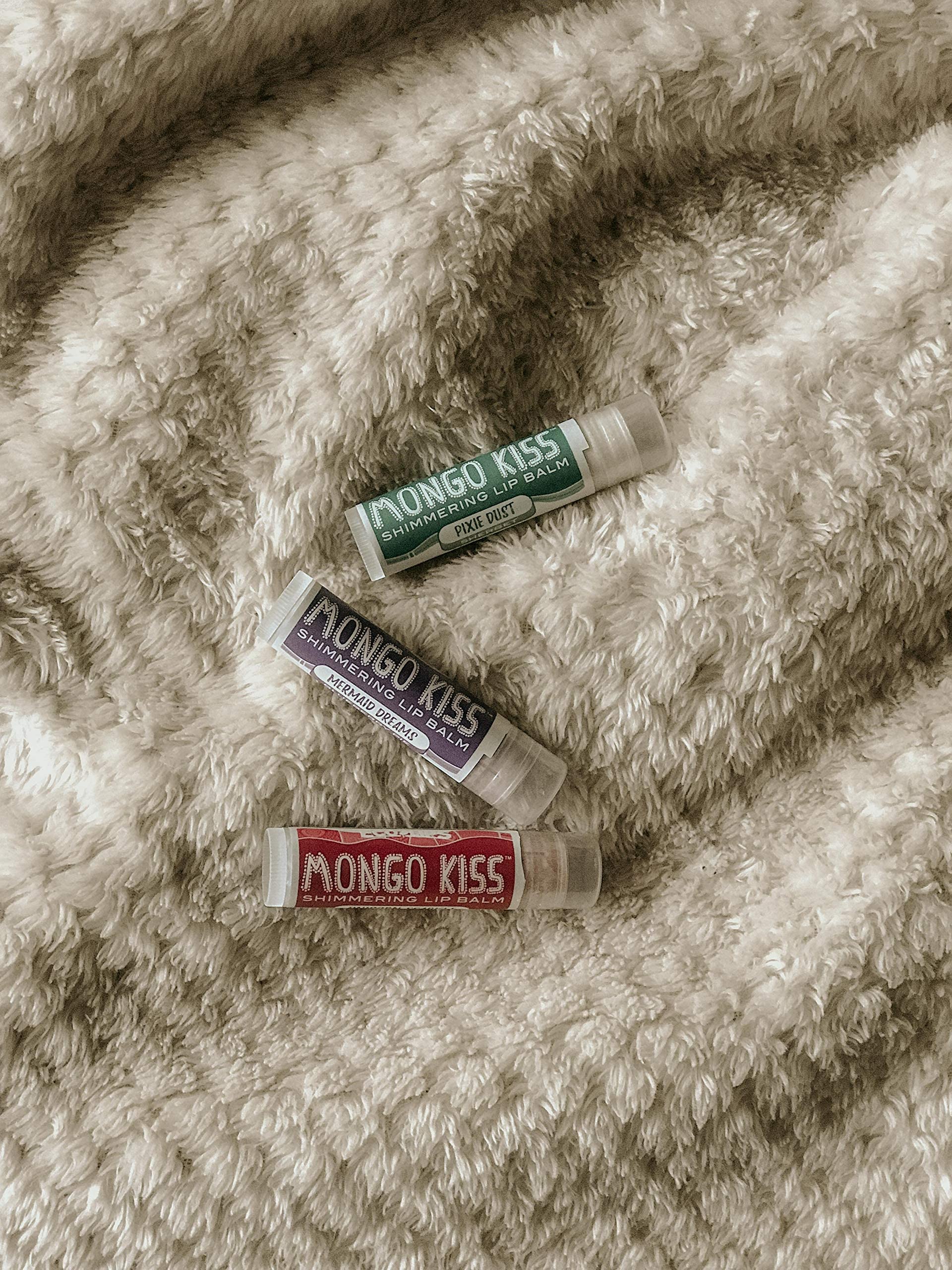 Mongo Kiss Shimmering Lip Balms (6 tubes, 2 packs) by Eco Lips 100% Natural Lip Balms featuring Organic Mongongo Oil, Cotton Candy, Sherbet and Blueberry Pie flavors - Made in USA.