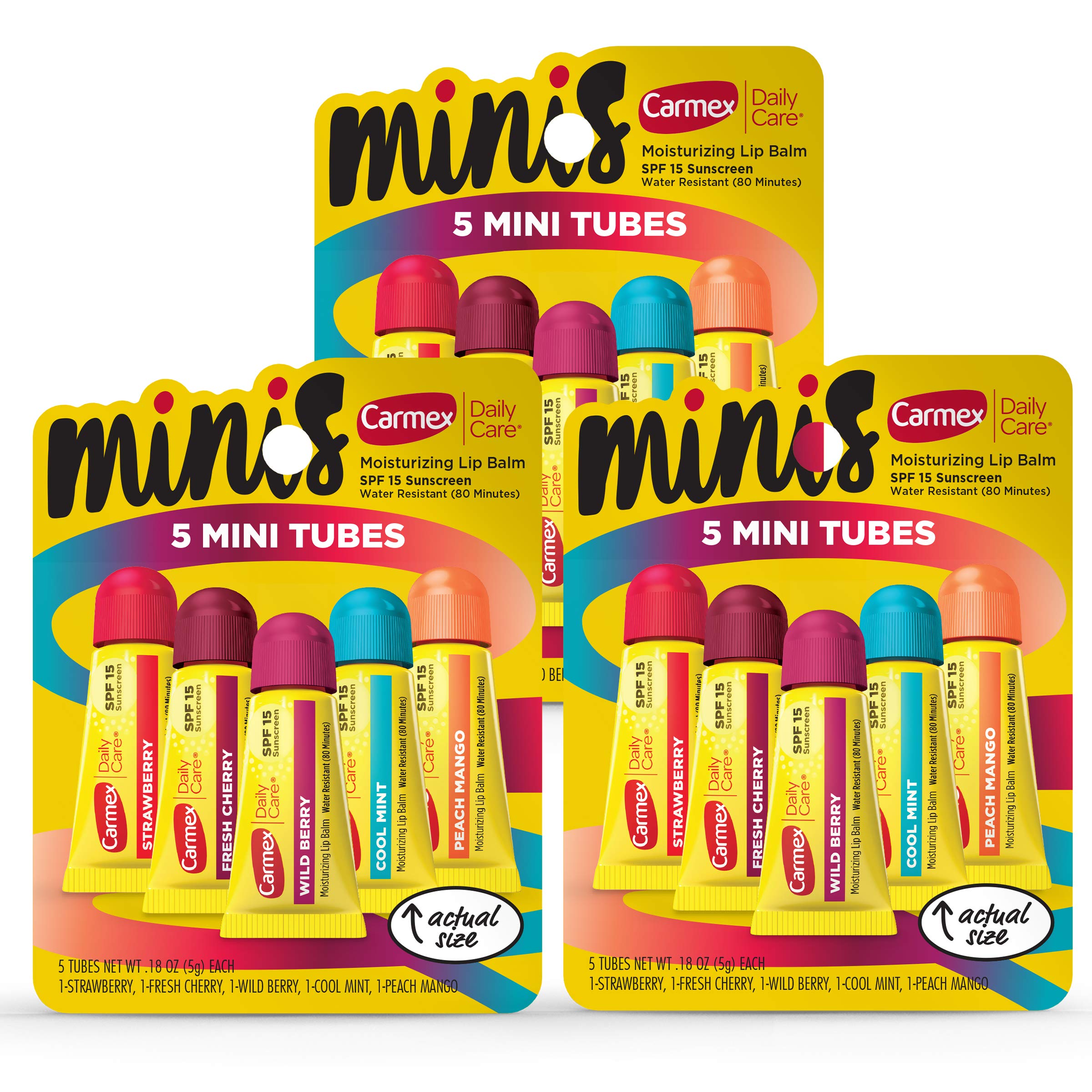 Carmex Daily Care Minis Moisturizing Lip Balm Tubes, SPF 15, Multi-Flavor Lip Balm Pack, 15 Count (3 Packs of 5)