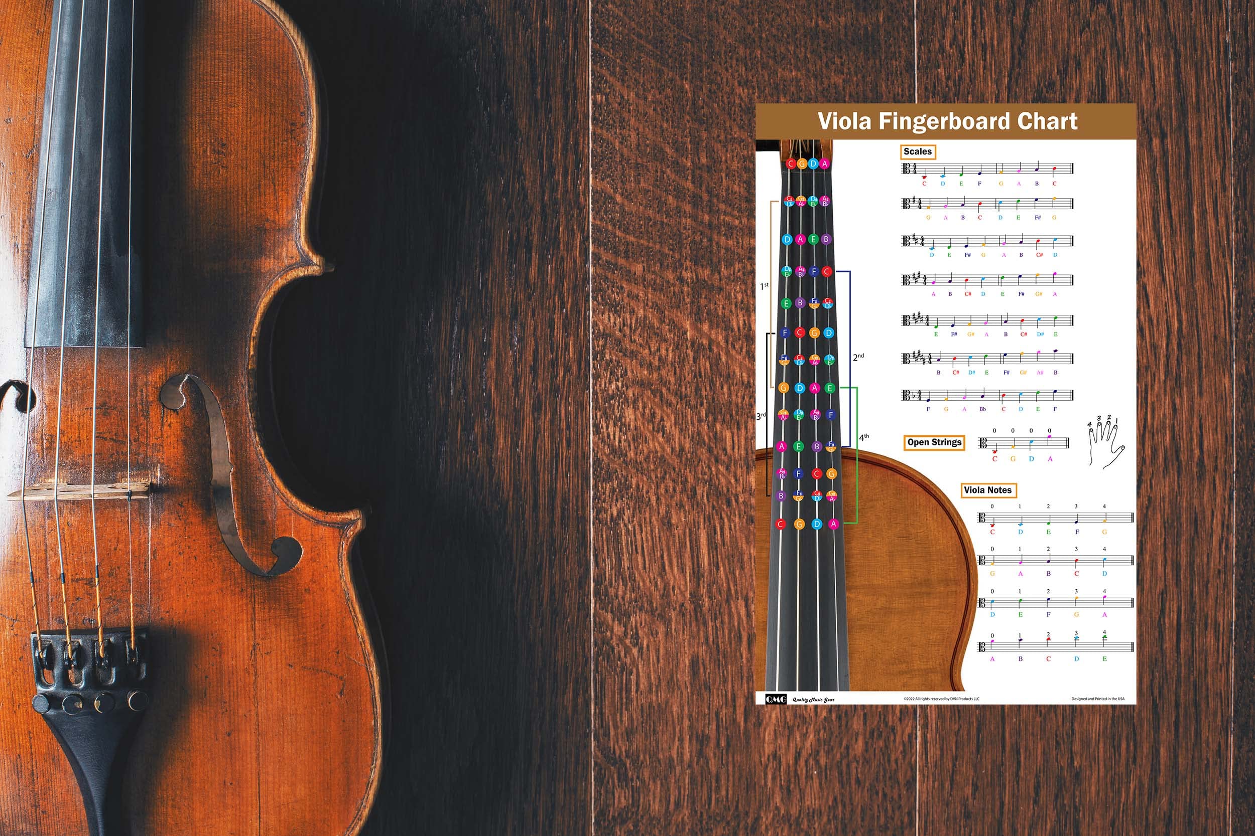 Viola Fingering Chart with Color-Coded Notes, Viola Scales Techniques Suitable for All Levels, Made in the USA