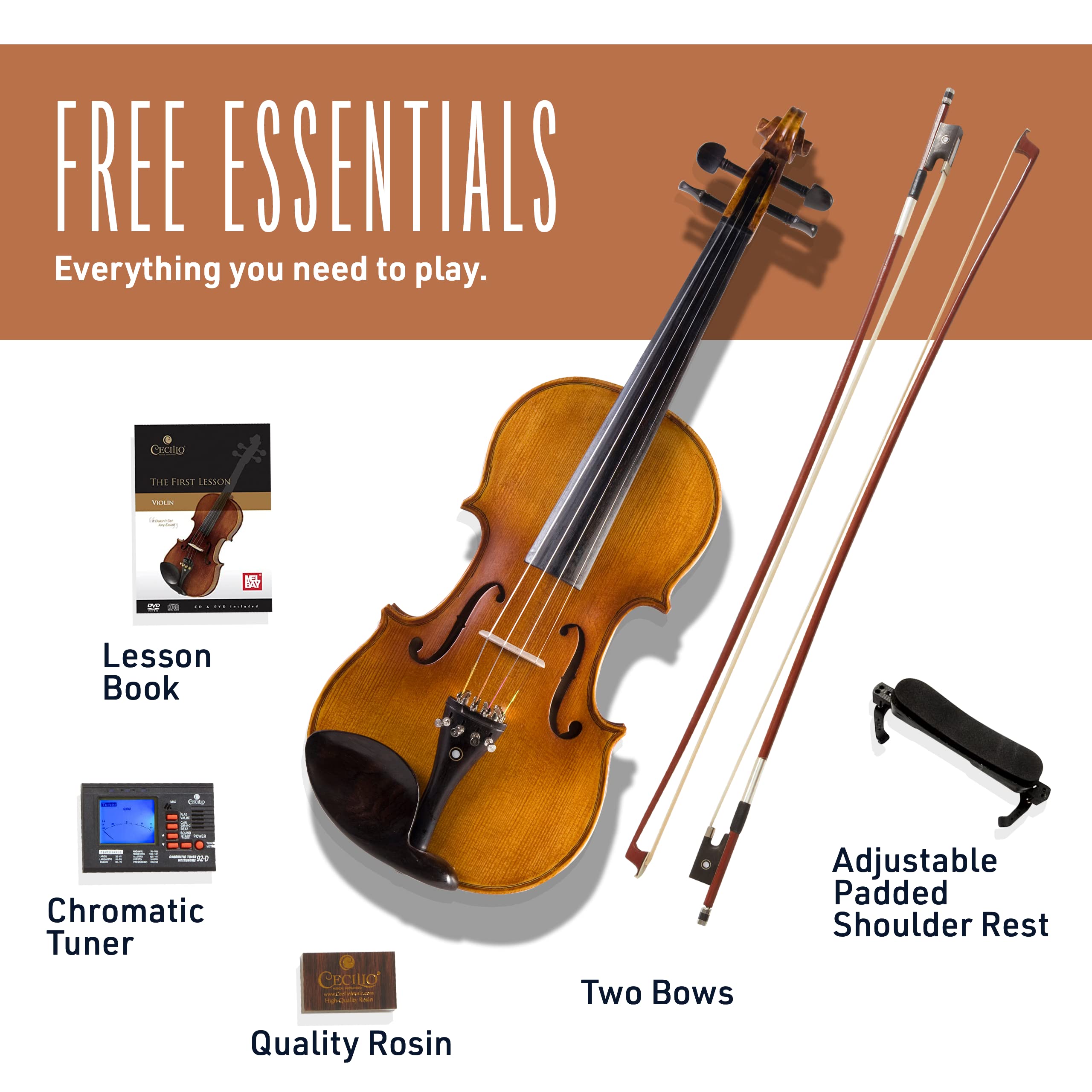 Cecilio CVN-300 Solidwood Ebony Fitted Violin with D'Addario Prelude Strings, Size 4/4 (Full Size)