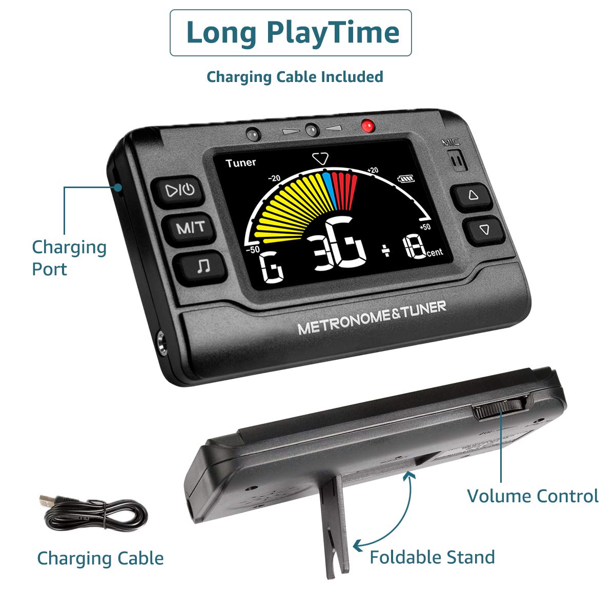 Wegrower Metronome Tuner, Rechargeable 3 In 1 Digital Metronome Tuner Tone Generator for Guitar, Bass, Violin, Ukulele and Chromatic,Clarinet, Trumpet, Flute, Tuners for All Instruments