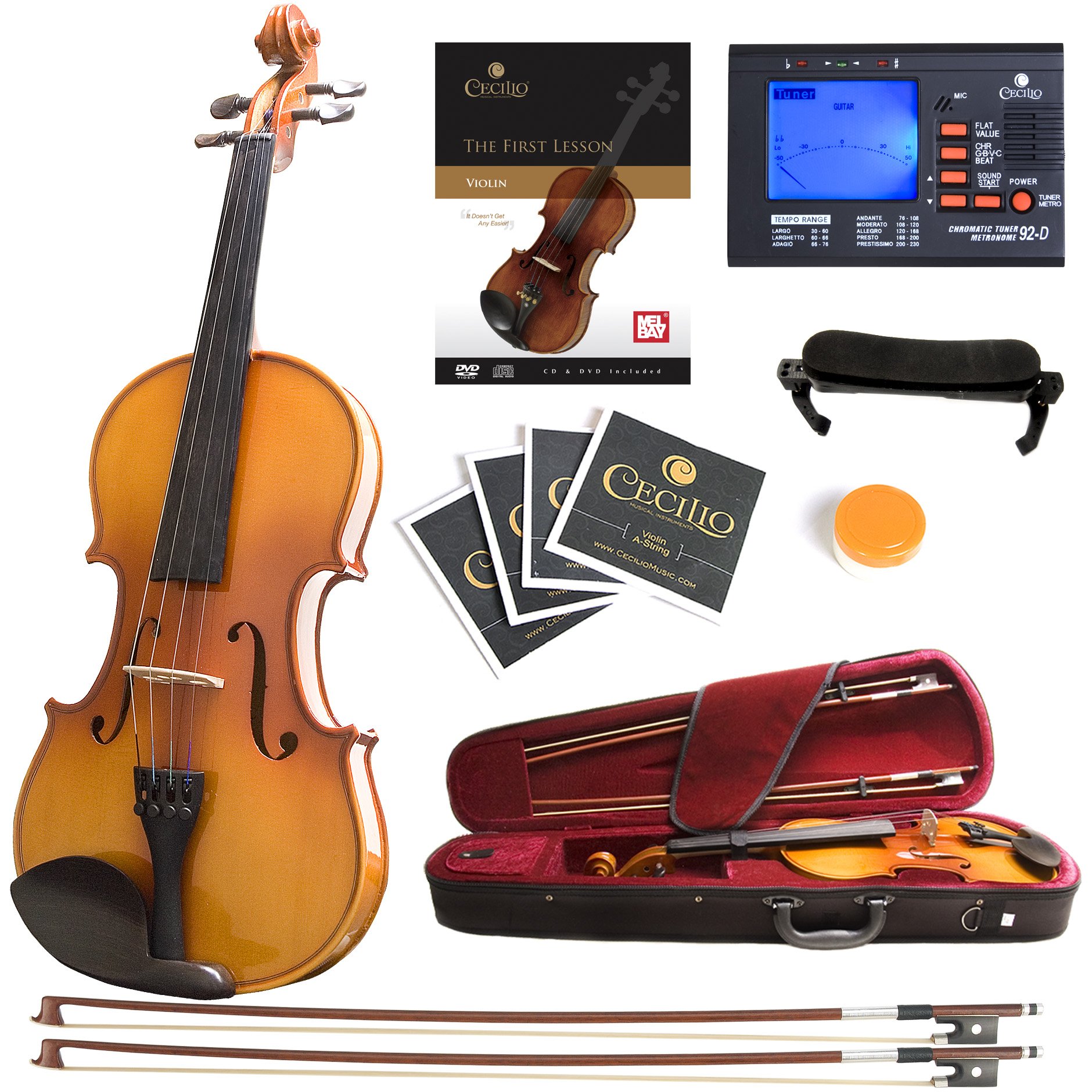 Mendini by Cecilio Violin Instrument - MV400 Size 4/4 Acoustic Violin with Bow, Case, Tuner, Metronome & Extra Strings, Kids & Beginner Violin, Maple Varnish, Full Size Violin