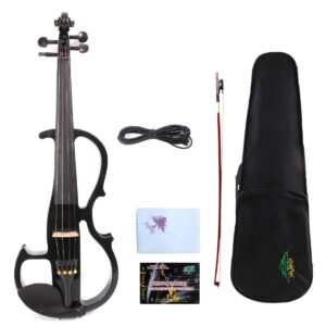 yinfente 16inch electric viola solid wood with ebony viola fingerboard, chin rest, viola pegs, viola case bow, black silent voila for professional or beginners to practice (black)