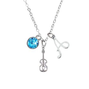 Personalized Violin Charm Necklace with Birthstone & Letter Charm, Viola, Cello Pendant Necklace, Violin Jewelry for Women, Teens and Girls