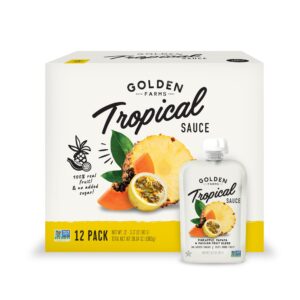 golden farms tropical pouches, low ingredient healthy snacks (pack of 12), 100% pure fruit, no added sugar, vegan, gluten-free, kosher, non-gmo squeeze pouch 3.17oz each