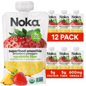 noka superfood fruit smoothie pouches, strawberry pineapple, healthy snacks with flax seed, plant protein and prebiotic fiber, vegan and gluten free snacks, organic squeeze pouch, 4.22 oz, 12 count