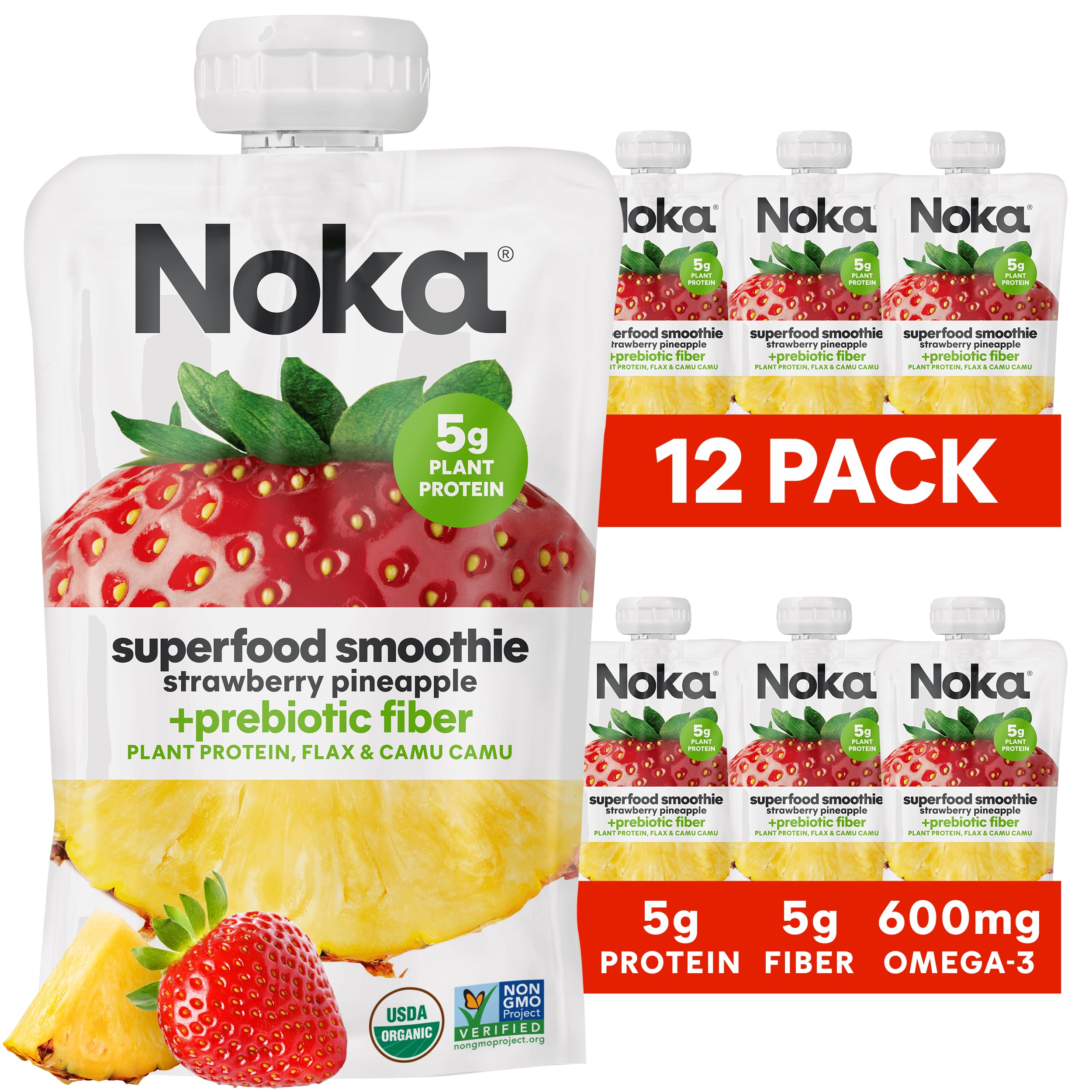 Noka Superfood Fruit Smoothie Pouches, Strawberry Pineapple, Healthy Snacks with Flax Seed, Plant Protein and Prebiotic Fiber, Vegan and Gluten Free Snacks, Organic Squeeze Pouch, 4.22 oz, 12 Count