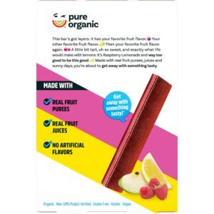 Pure Organic Layered Fruit Bars, Gluten Free and Vegan, Kids Fruit Snacks, Raspberry Lemonade, 6.2oz Box (12 Bars)