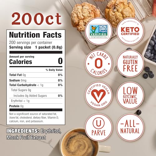 Monk Fruit In The Raw Sweetener Packets, 200 Ct, Keto Certified Monk Fruit Sweetener Packets, Zero Calories, Zero Net Carbs, Non-GMO Project Verified, Vega, Low Glycemic Index