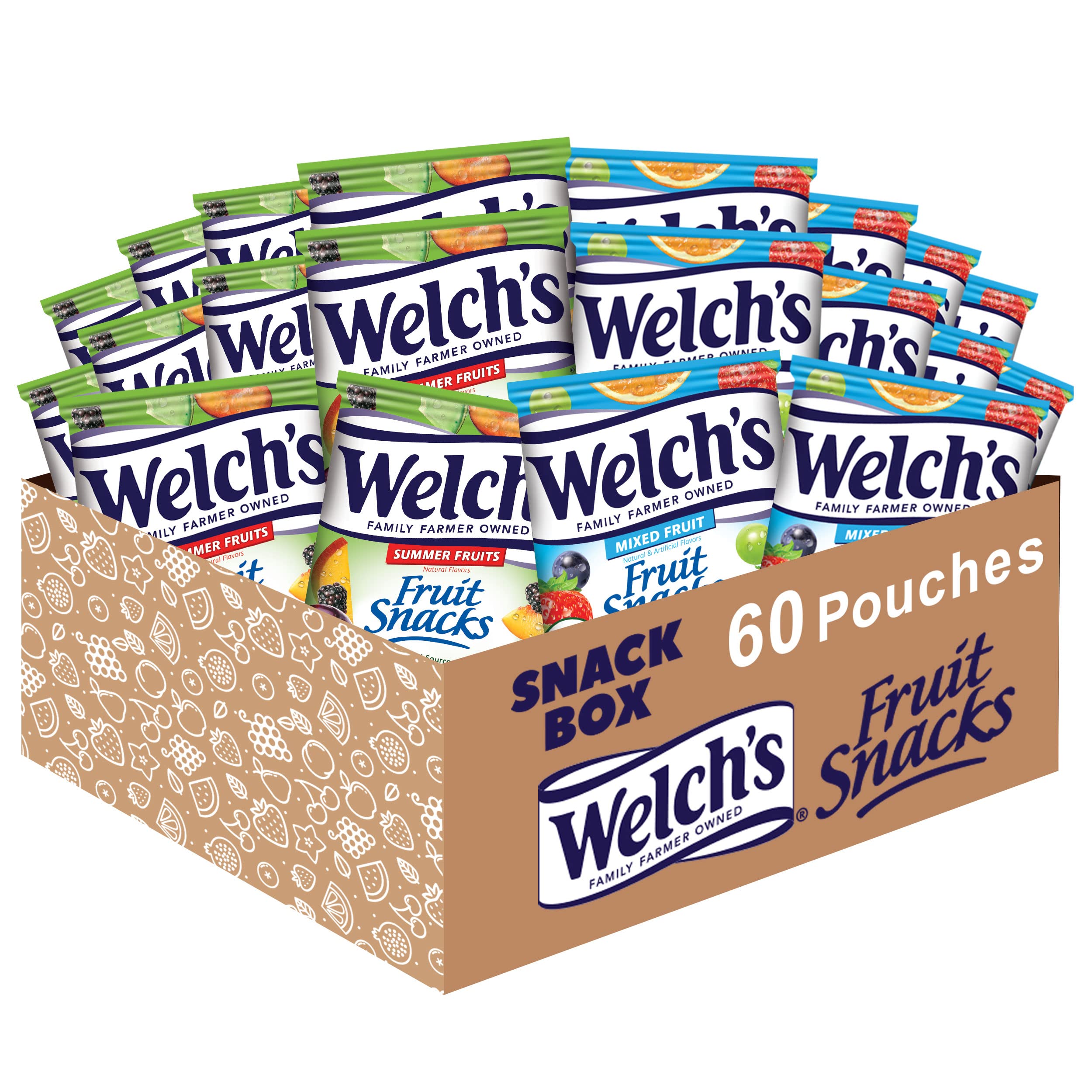 Welch's Fruit Snacks, Mixed Fruit & Summer Fruits Bulk Variety Pack, Perfect for School Lunches, Gluten Free, 0.8 oz Individual Single Serve Bags (Pack of 60)