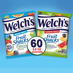 Welch's Fruit Snacks, Mixed Fruit & Summer Fruits Bulk Variety Pack, Perfect for School Lunches, Gluten Free, 0.8 oz Individual Single Serve Bags (Pack of 60)